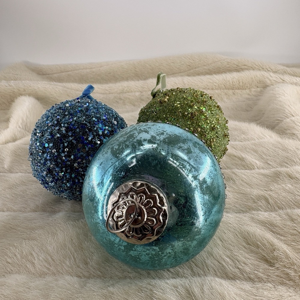Shiny Frosted Kugel Style Glass Ball Ornaments X 3